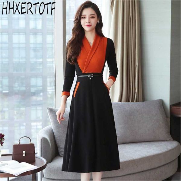 

autumn winter elegant women dresses v neck long sleeve casual dresses with belt 210531, Black;gray