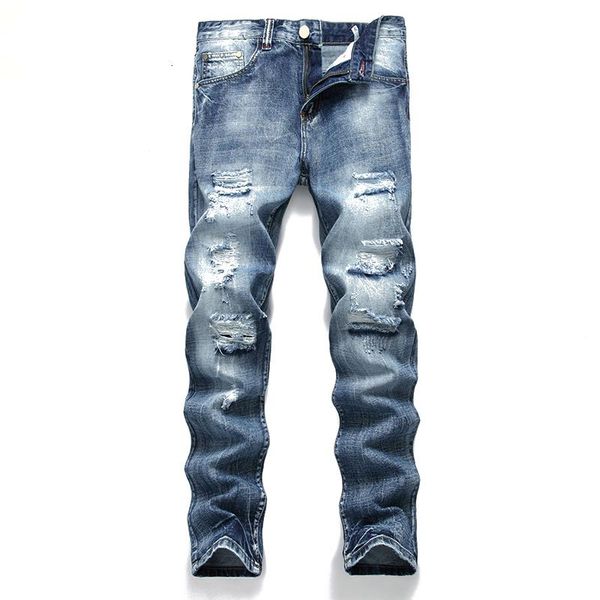 

men's jeans retro distressed personality over-knee hole self-cultivation spring and summer european american high street fashion brand, Blue