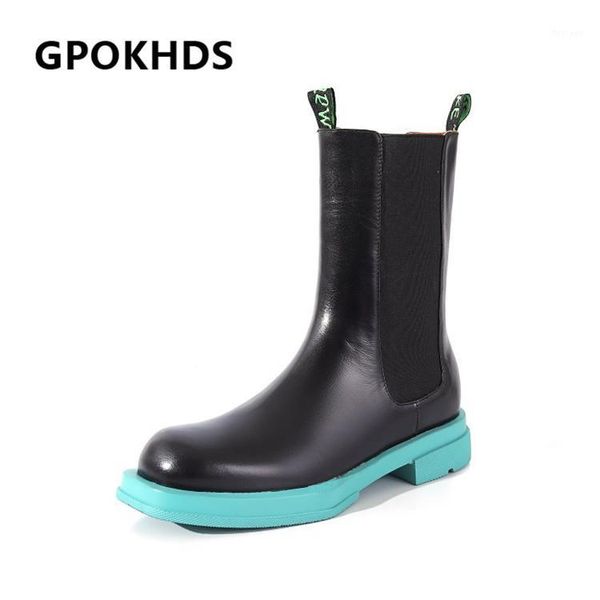 

boots gpokhds 2021 women ankle cow leather winter short plush round toe med heels female riding size 391, Black