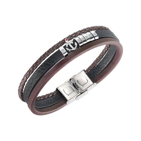 

leather bracelet for men multilayer knit anchor stainless steel black brown hand brand punk jewelry boys gifts, Golden;silver