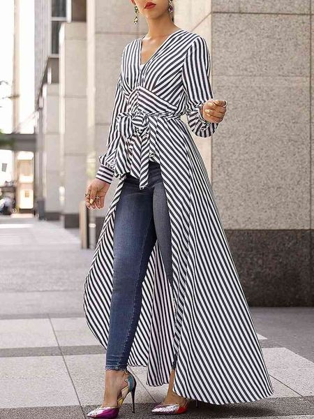 

female street-style striped high-low-sleeve long shirt low-v cleavage with low-waisted casual waist belt elegant autumn tl2p, White