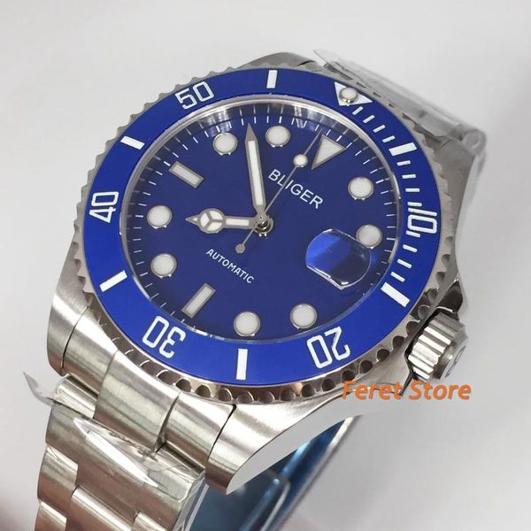 

bliger 43mm sterile mens watch stainless strap sapphire glass white dial ceramic bezel 24 jewels japan nh35 automatic wristwatches, Slivery;brown