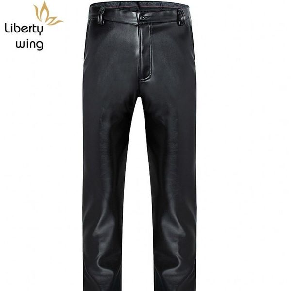 

men's pants winter velvet thickening soft pu leather mens full length plus size 29-42 high waist male loose smart casual warmtrousers, Black