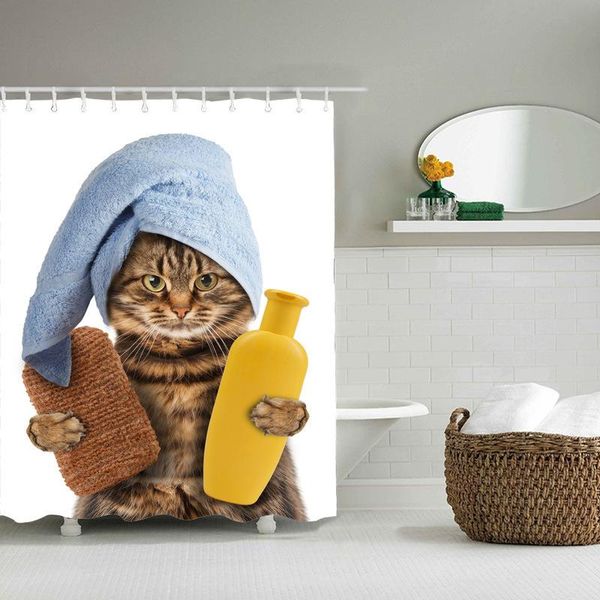 

brown cat shower curtain set cute pets with bath sponge shampoo and blue towel funny kids cartoon bathroom decoration 2021 curtains