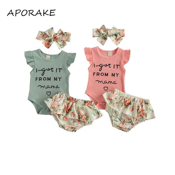 

0-12m born baby girl clothing i got it from my mama letter print ruffle knitted romper+layered floral shorts skirt 3pcs sets, White