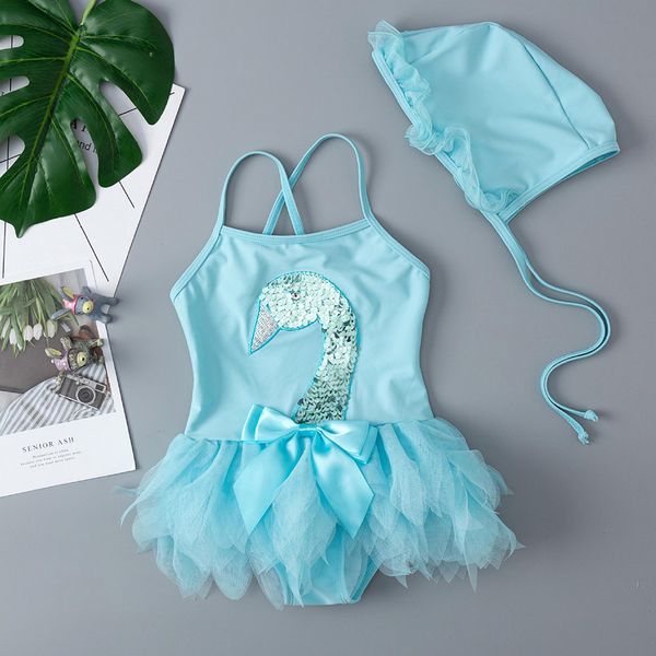 

one piece girls swimwear 2021 new flamingo swimsuit princess swimsuit 1-8years childrens swimwear bathing suit with hatby air