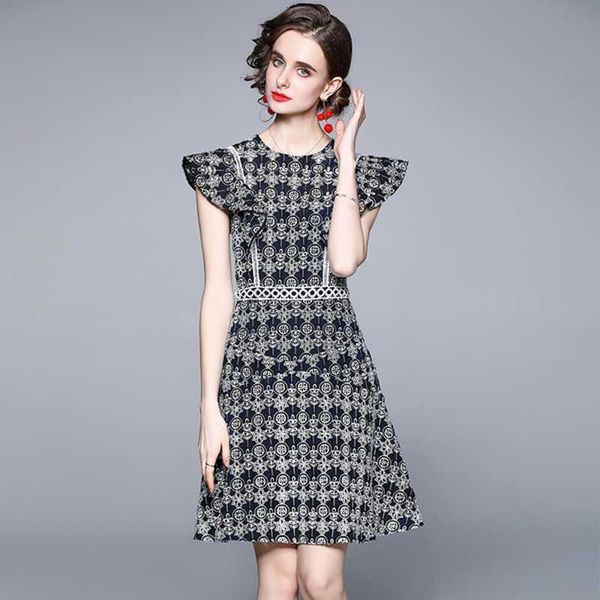 

women luxury hollow out embroidery a-line dress elegant office party robe femme vintage designer vestidos 210526, Black;gray