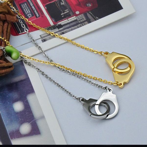 

pendant necklaces handcuffs necklace mens stainless steel hip hop couple chain gold gifts for male accessories fashion jewelry wholesale, Silver