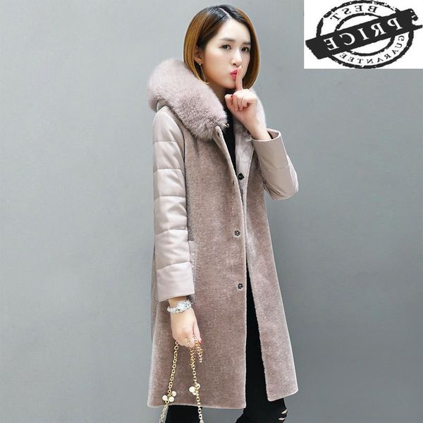 

women's fur & faux 2021 women clothes natural wool overcoat sheep shearing coats female sheepskin leather sleeve parka real lwl13a2, Black