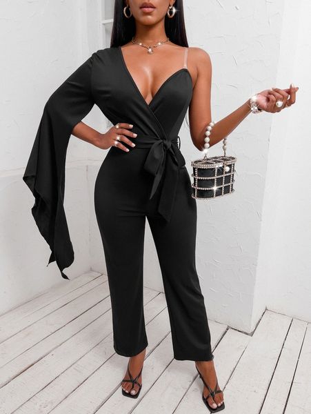

sxy asymmetrical neck split sleeve transparent strap belted jumpsuit i1mc#, White