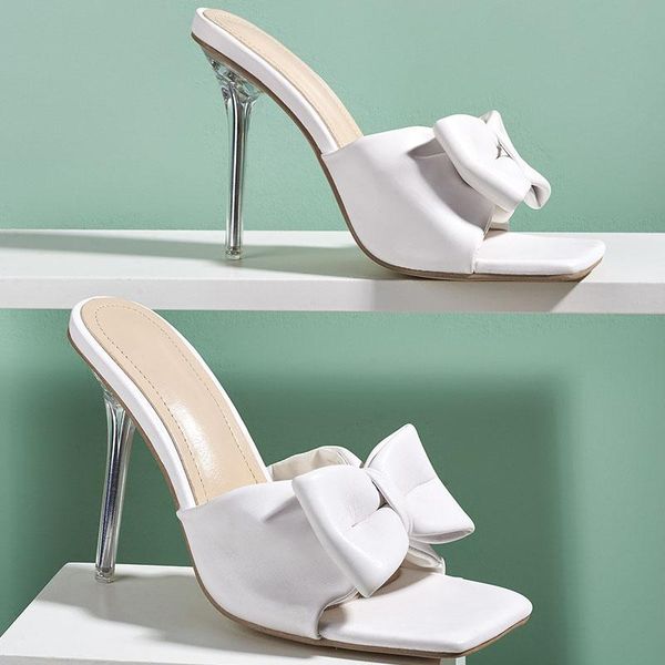 

butterfly-knot mules open toed transparent thin heels women slippers pumps summers slides shoes sandals blue white 2021, Black