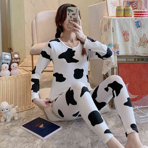 Plus Größe Langarm Thermo Body Shaper Unterwäsche Sets für Frauen Herbst Winter Warme Cartoon Kuh Pyjama Nachtwäsche Anzug Body x0526