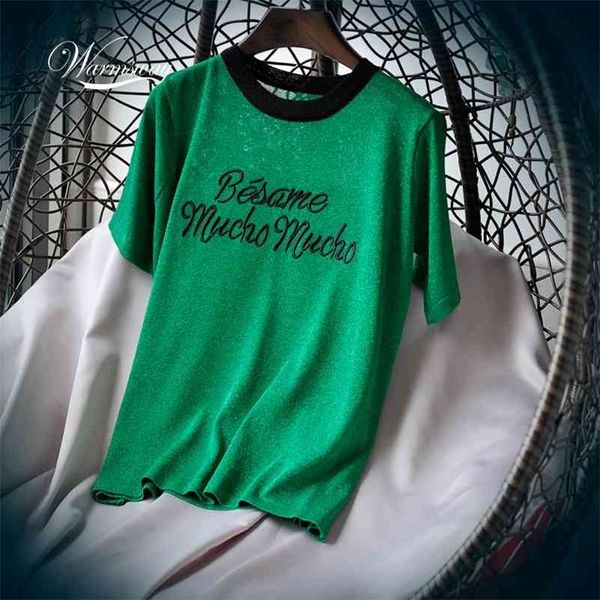 Kore Sevimli Mektup Tee Gömlek Femme Hipster Harajuku Lurex Womens Giyim Kawaii Bayanlar Kısa Kollu T Gömlek Kadınlar B-052 210324 Tops