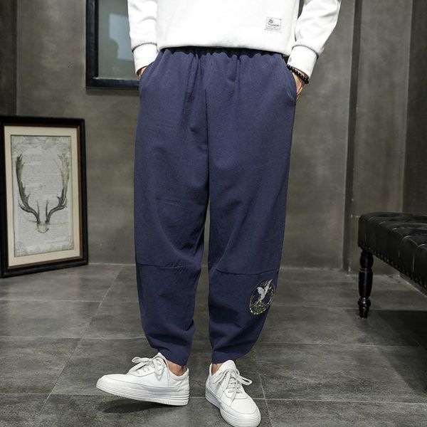 

mrgoldenbowl men's straight harem pants chinese style embroidered loose ankle-length trousers streetwear male casual, Black