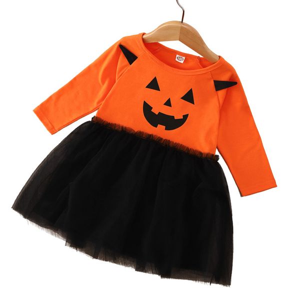 Baby Girl Одежда платье весна осень детей наряда оранжевые тыквы Хэллоуин с длинным рукавом круглые шеи марля платья одежда в среднем