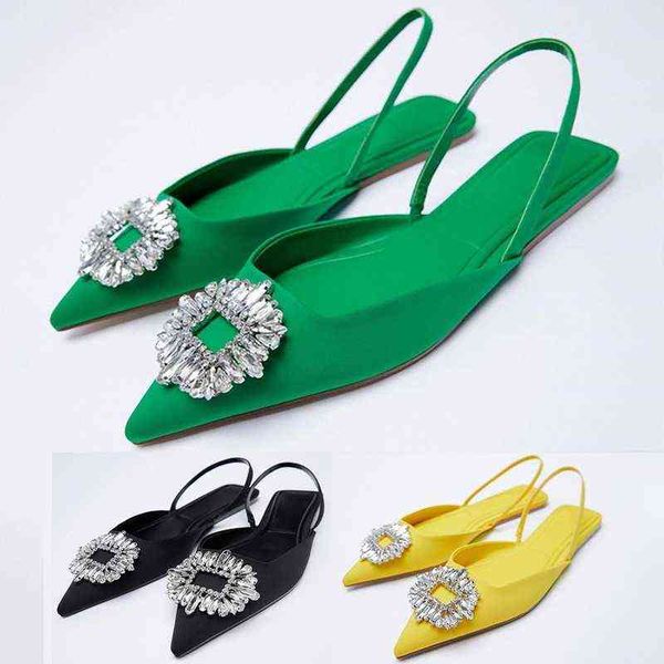 

women's flat bottomed pointed sandals, elegant green silk shoes, with diamonds, fairy temperament, summer 2022, Black