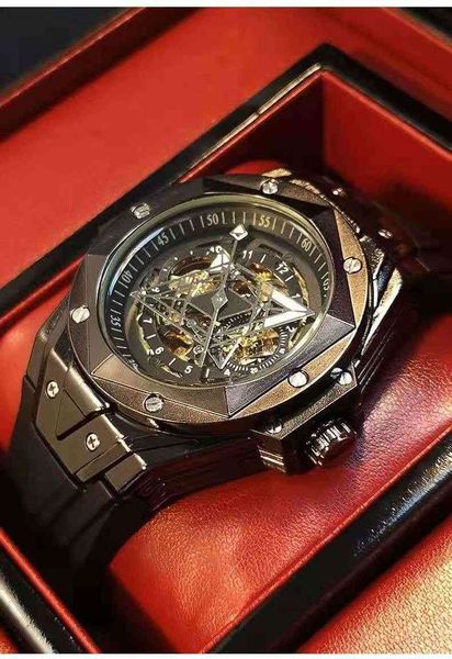 

men's mechanical hollowed automatic man watch luxury watches luminous waterproof brand fashion casual man watch reloj hombre, Slivery;brown