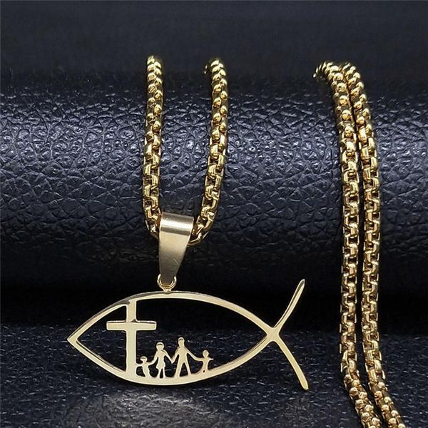 

pendant necklaces fish cross family stainless steel long necklace women/men gold color pendants jewelry cadenas para hombre n1048s05, Silver