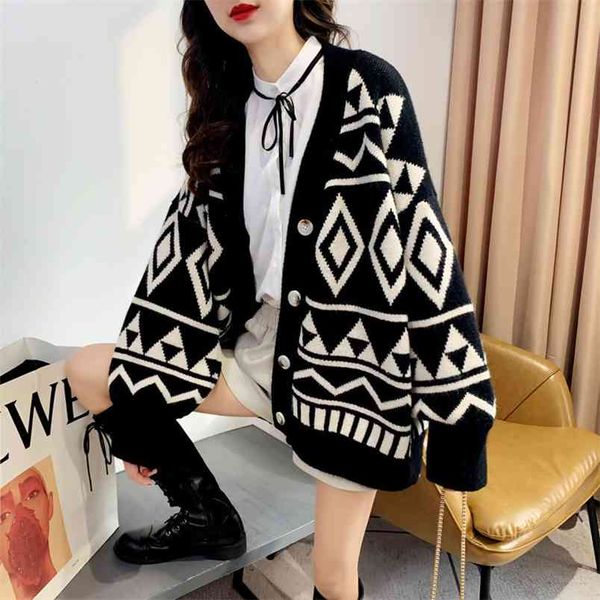 

western style geometric rhombus knitted cardigan women's spring thickened lazy loose outer wear mid-length sweater coat 210427, White;black