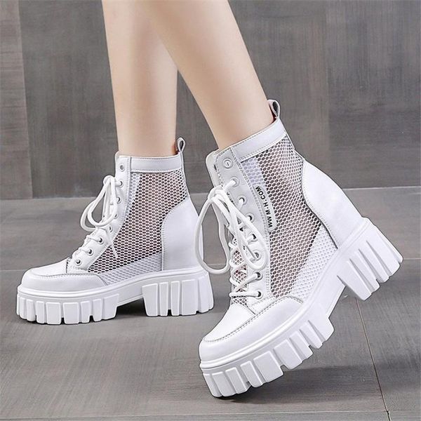 

women lace up gothic combat ankle boots female increased internal shoes black mesh surface breathable wear-resisting summer