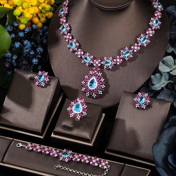 Brincos Colar Godki 4 pcs Ruby CZ Luxo Africano Jóias Set para Mulheres Casamento Festa Zircon Cristal Dubai Presente Nupcial