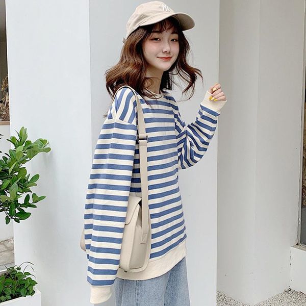

women's hoodies & sweatshirts autumn women o-neck stripe leisure simple cotton oversize korean pullovers femme kpop loose thin clothes, Black