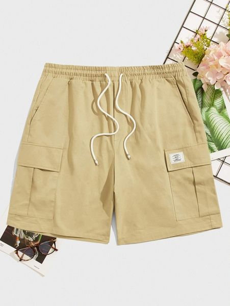 

men patched drawstring waist shorts l955#, Black