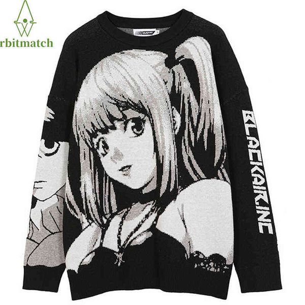 

oversize mens sweaters pullovers streetwear japanese anime girl cotton knitted loose streetwear hip hop casual woman sweaters 211109, White;black
