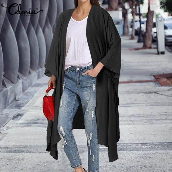 

women's blouses & shirts fashion kimono cardigan celmia women casual loose solid beach cover up long sleeve female cardigans, White