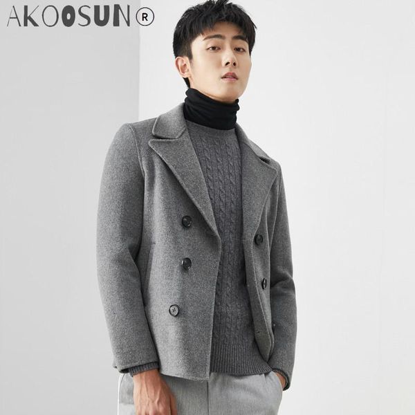 

men's wool & blends akoosun 2021 100% coat men double-sided short handmade spring male jacket woolen coats overcoat mg-00-7167 kj1313, Black