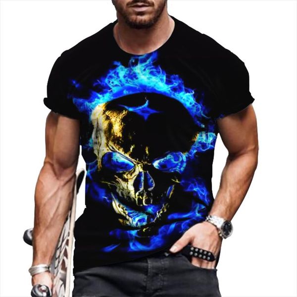 

men's t-shirts 3d printing horror skull t-shirt street fashion personality blue flame skeleton short-sleeved wild loose oversized 6xl, White;black