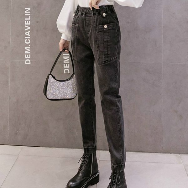 

high waist jeans woman plus size 3xl street style elastic denim pants cotton coated vintage boyfriend harem 210603, Blue