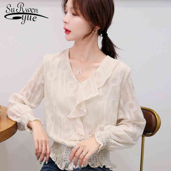 

solid long sleeve ruffled clothes women and blouse v-neck chiffon autumn office ladies 6410 50 210521, White
