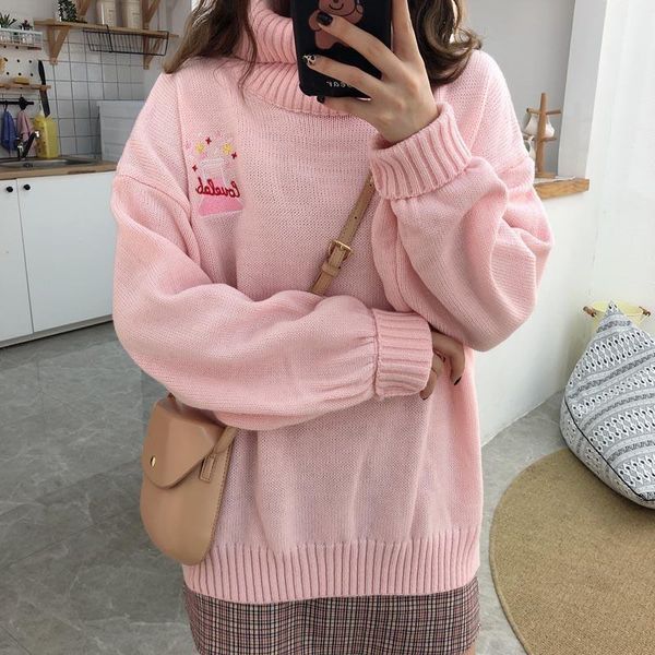 

women's sweaters women turtleneck autumn winter korean loose pullover pink casual soft knit sweater warm jumper kawaii, White;black