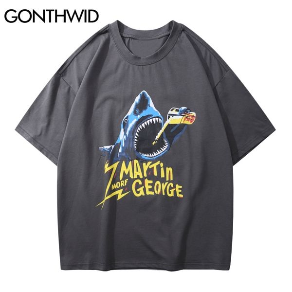 Harajuku Tees Рубашка Смешная питьевая акула принт повседневная хлопковая футболка хип-хоп мода свободная уличная одежда с короткими рукавами вершины 210602