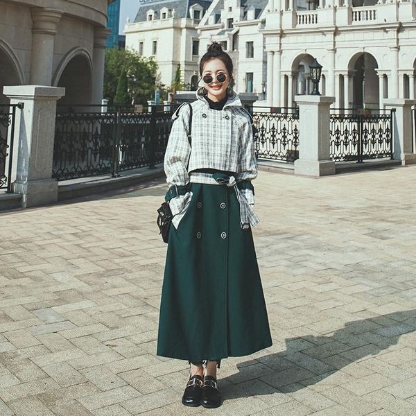 

women's windbreaker 2021 spring autumn plaid stitching green double-breasted lapel high-quality lining long fashion coat 2e trench coat, Tan;black