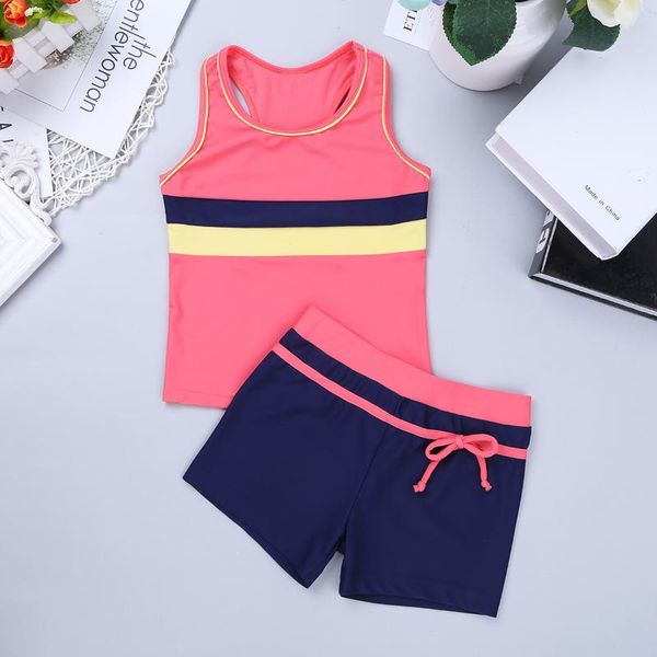 

one-piece suits girls tankini swimsuit two pieces swimming suit kids swimwear sleeveless round neckline with bottoms bathing