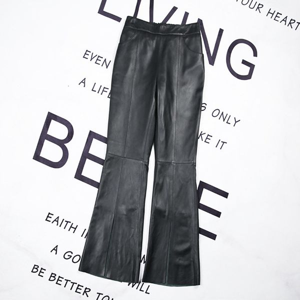 

women's pants & capris 2021-spring genuine female leather stylish lamb royal bell-bottomed b284, Black;white