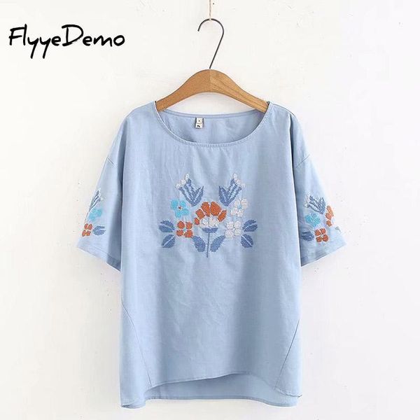 

cotton linen t shirts summer floral embroidery female 2021 women tee loose fit basic tshirt ladies short sleeve undershirt, White