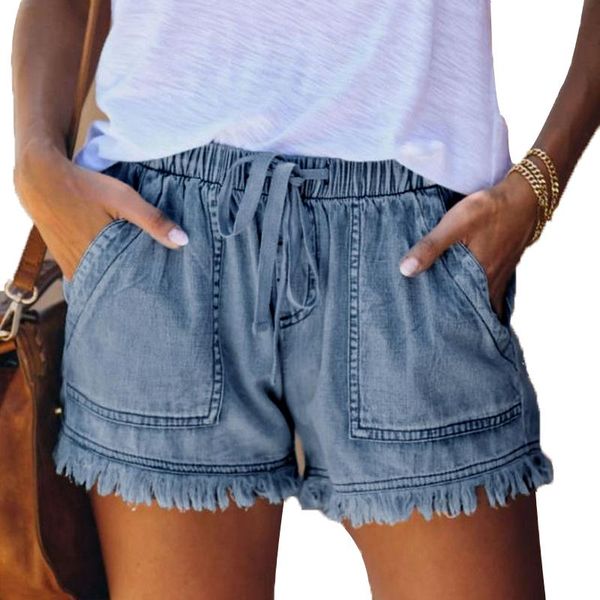 

women's elastic waist casual high slim denim shorts jeans, Blue