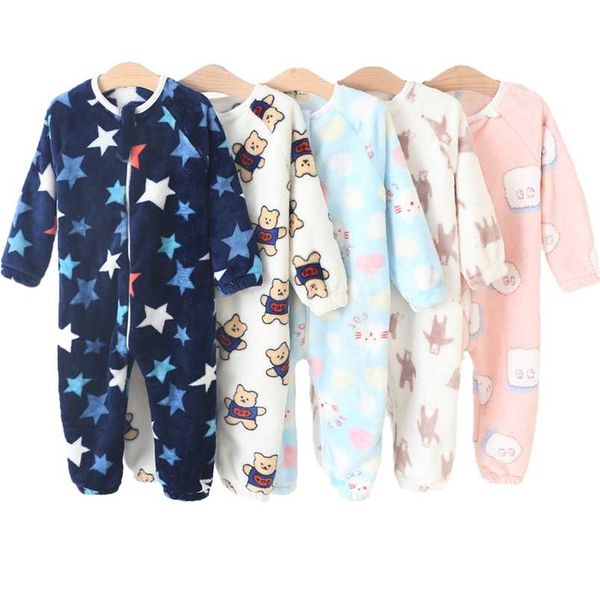 Baby Pajamas для мальчиков девушки густые теплые пижамы осень детей фланелевые рядки комбинезоны зимние дети мультфильм одеяло сонные одежды 211109