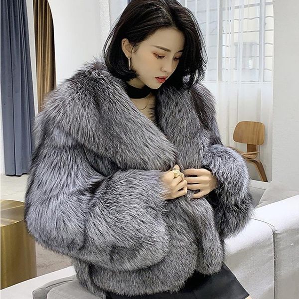 

women's fur & faux 2021 winter warm coat women fashion loose furry clothing outerwear female ol crop jacket overcoat, Black