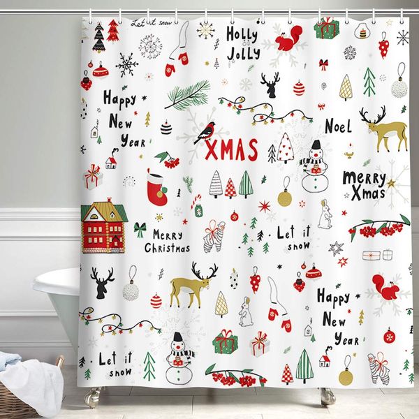 

christmas farmhouse happy new year shower curtain, red retro snowman with xmas tree and rabbit with winter quotes let it snow