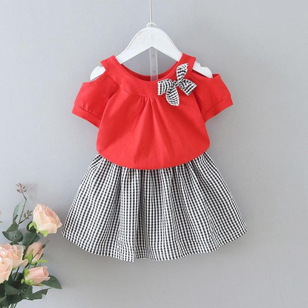 

menoea 2 6y girls summer clothes sets cute plaid skirt + short sleeve t-shirt 2pcs girl kids children clothing suits, White