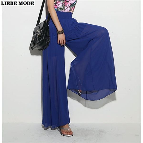 Mulheres Verão Bohe Beach Chiffon Culottes Solto Palazzo Saia Calças Mulheres Alta Elastic Cintura Largura Perna Calças Azul Rosa Preto Q0801