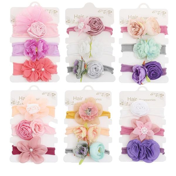 

hair accessories 3pcs/set baby headband born lace flower nylon elastic hairband sweet princess girls turban kawaii kids, Slivery;white