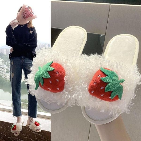 

slippers winter women slipper furry strawberry pineapple plush indoor home shoe warm house flat flip flop woman comfort slides, Black