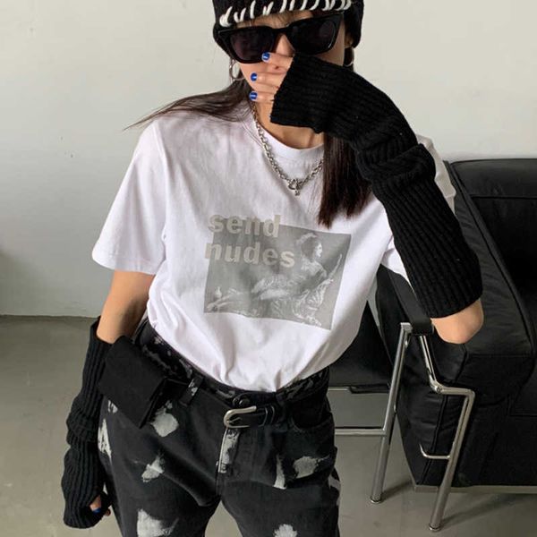 

[nantao] graphic printed round neck short sleeve t-shirt for women 2021 summer korean loose and simple casual top, White