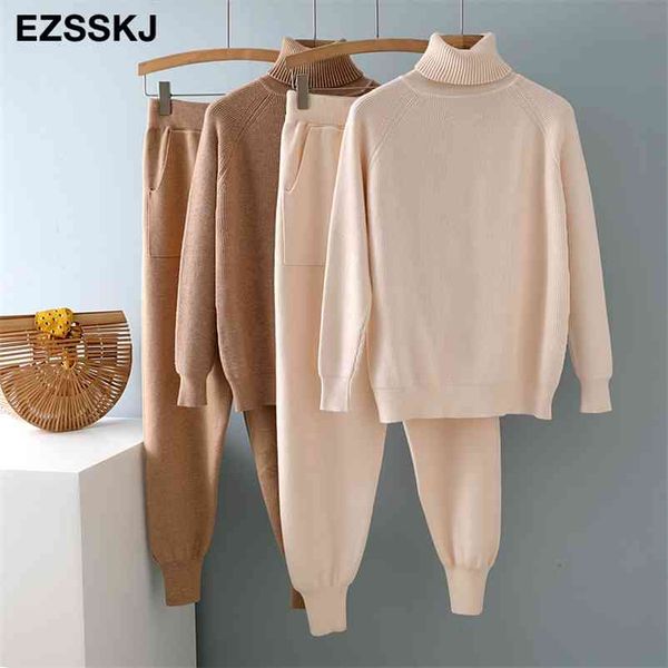 

2 pieces set women knitted tracksuit turtleneck sweater + harem pants pullover sweater set chic knitted outwear sweater suit 210727, White