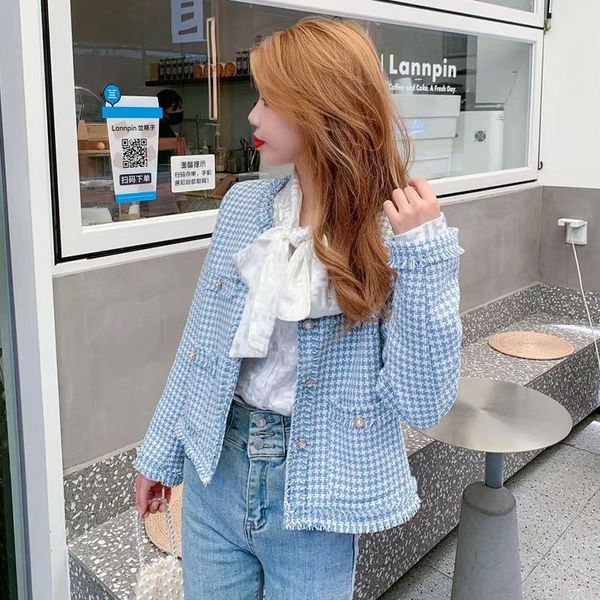 

women's jackets autumn plaid tweed coat women o-neck long sleeve vintage casual woolen coats french buttons pockets houndstooth c650, Black;brown